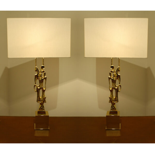 Philippe Papineau, Pair of Signed Gilt Bronze Table Lamps, France 1970